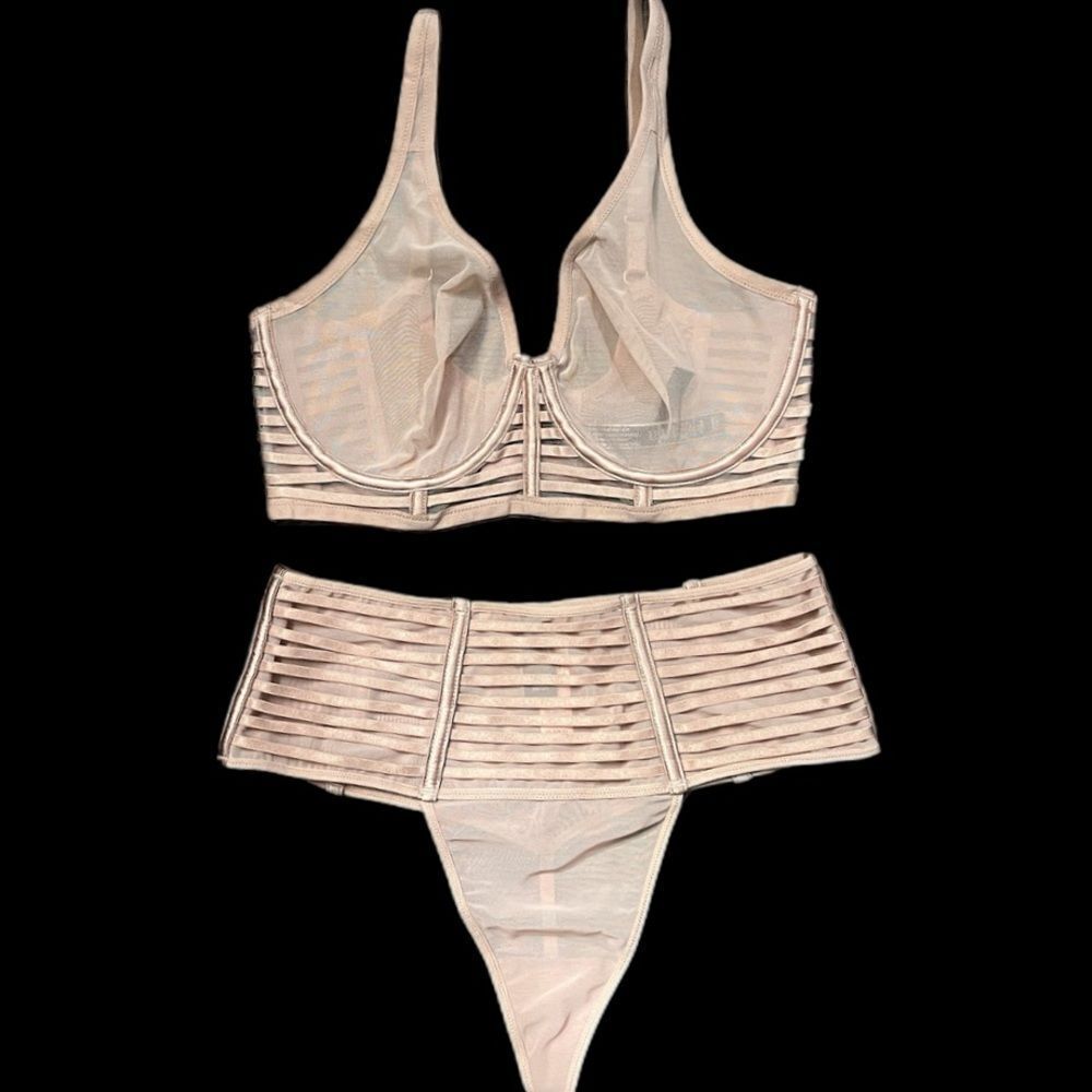 Victorias Secret Set Sexy Sheer Mesh Unlined Plunge bra & High Waist Thong beige